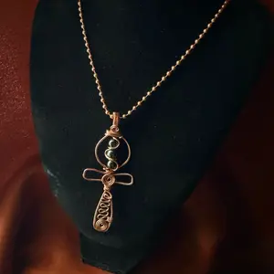 Handcrafted Copper Wire Wrapped Ankh Pendant Necklace with Beaded Chain for Spiritual Jewelry Lovers
