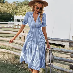 Women's Striped V-Neck Puff Shortsleeve High-Waist Tiered Ruffle Hem Swing Midi Dress - Polyester, Button-Accented Pull On Casual Wear for Spring, Striped Casual Dresses
