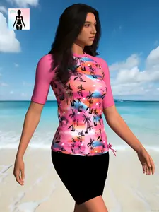 Tropical sunset print long-sleeve rash guard boyshort two-piece swimsuit set for women; stretchy swimwear set offering modest full coverage with side tie detail—ideal for summer beach vacations, pool parties, ladies, girls, and active wear.
