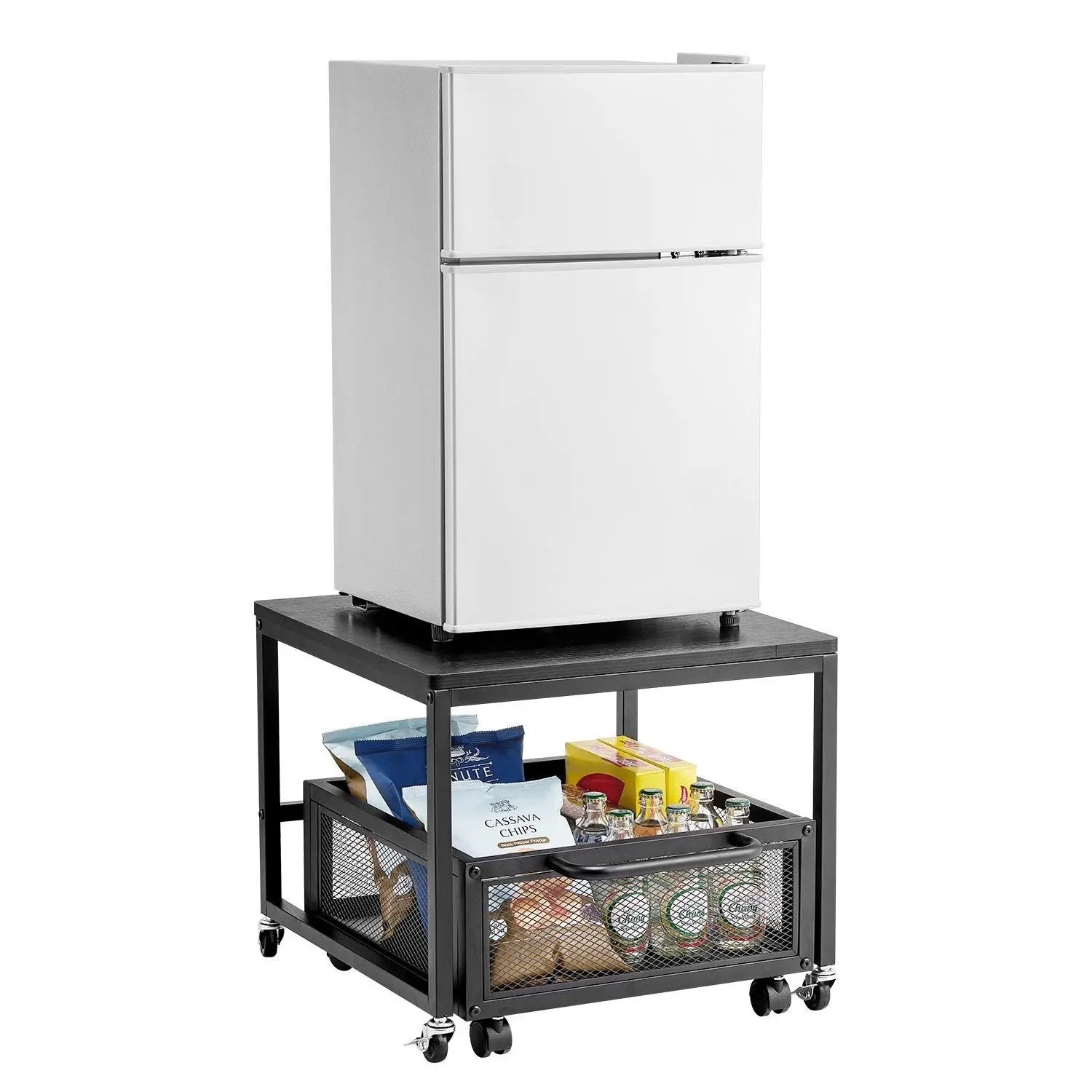 【DealsForYouDays】VEVOR Mini Fridge Stand with Storage, 198 lbs Mini Fridge Table with Movable Storage Cart Swivel Wheels, Beverage Refrigerator Stand for Coffee Bar, Mini Fridge Organizer for Office Home Dorm, Black