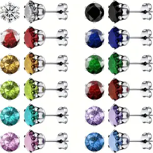 24PCS Exquisite Shiny Women Hypoallergenic Colorful Zirconia Stud Earrings 12 Pairs Stainless Steel Bohemian Round Sparkling Cubic Synthetic Zirconia Stud Earrings Birthday Gifts Wedding Anniversaries Jewelry
