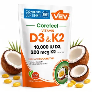 VEV Vitamin D3 K2 10000 IU, Virgin Coconut Oil, 2 in 1 Vitamins Supplement, 300 Softgels, NSF Certified