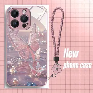 Diamond Butterfly Pattern Metal Lacquer Glass Smartphone Casing with Hanging Rope, Cellphone Protection for Apple iPhone 16 Pro Max/16/15/14/13/12/11, Luxurious, Trendy, Lightweight Ideal Gift Choice