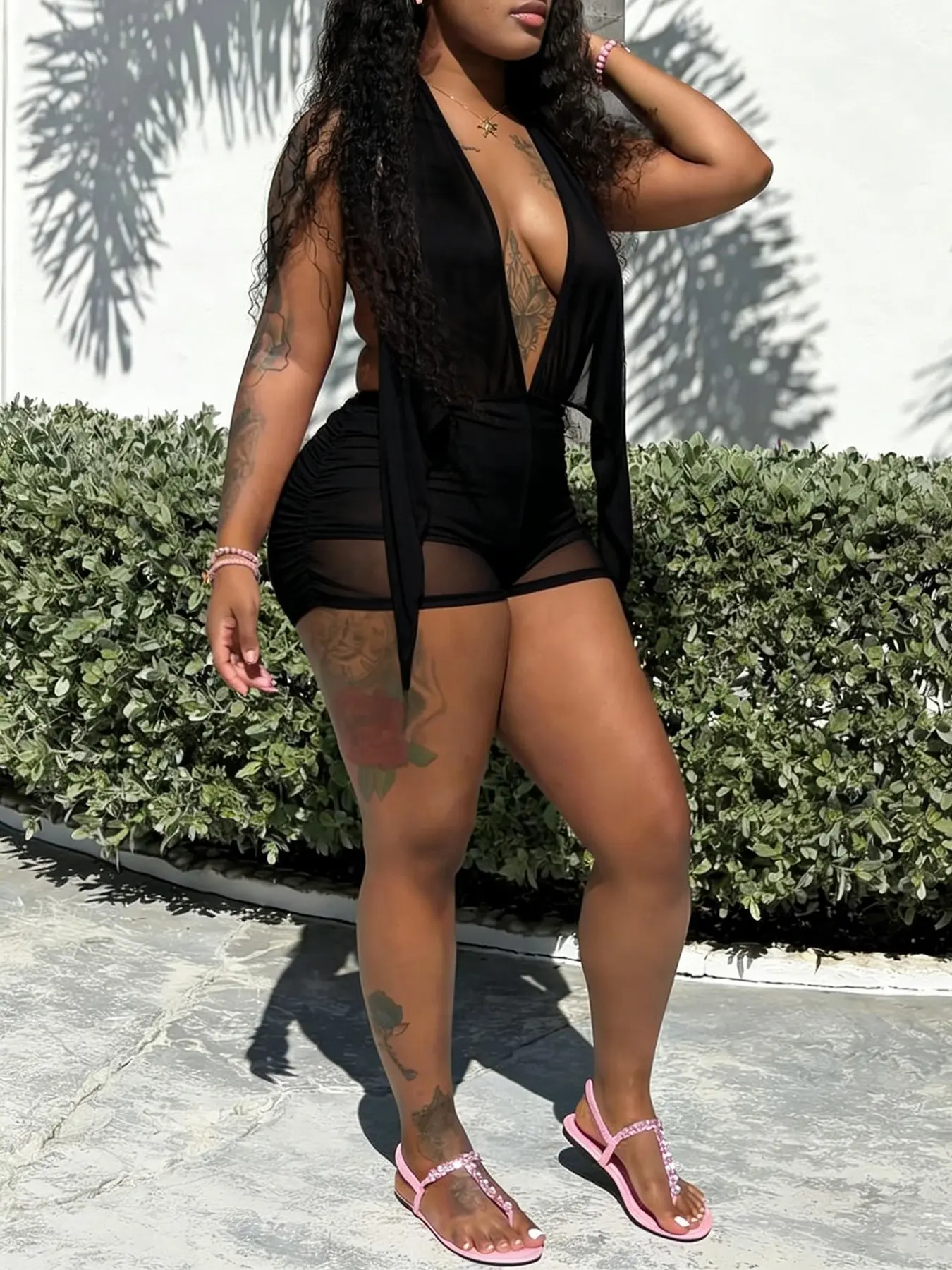 DOUCIU Summer Beach Vacation Yacht Pool Party Tight Sexy Hot Cool Women's Sleeveless Thin Mesh Patchwork Transparent Mini Bodycon Pure Color Halter Neck Dress Bodycon Fitted Dress