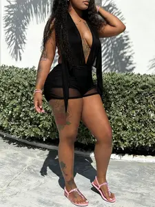 DOUCIU Summer Beach Vacation Yacht Pool Party Tight Sexy Hot Cool Women's Thin Mesh Patchwork Transparent Mini Bodycon Pure Color Halter Dress