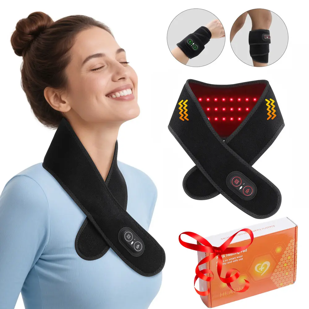 Electric Heating Neck Massager, Wireless Hot Compress Neck Wrap, 660nm & 850nm Light, 3 Vibration Levels, 3 Heating Levels, Suitable for Neck, Hands, Legs, and Wrists, Relaxation Aid, Neck Relaxer