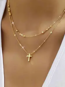 Fashion Cross Pendant Necklace, Double Layer Beaded Chain, Cross Link Chain, Simple Versatile Women's Jewelry, Daily Party Wear, All Seasons, Cross Necklaces