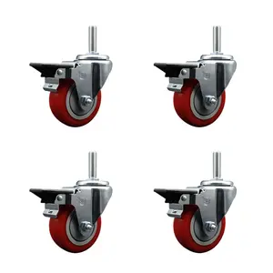 212 MAIN Lockable Posi Lock Brake Swivel Caster SCC-TS20S3514-PPUB-RED-PLB-34212-4, Polyurethane Threaded Stem Caster with 3.5x1.25 in. Red Wheels, 0.75 in. Stems - Set of 4, Lockable Wheels