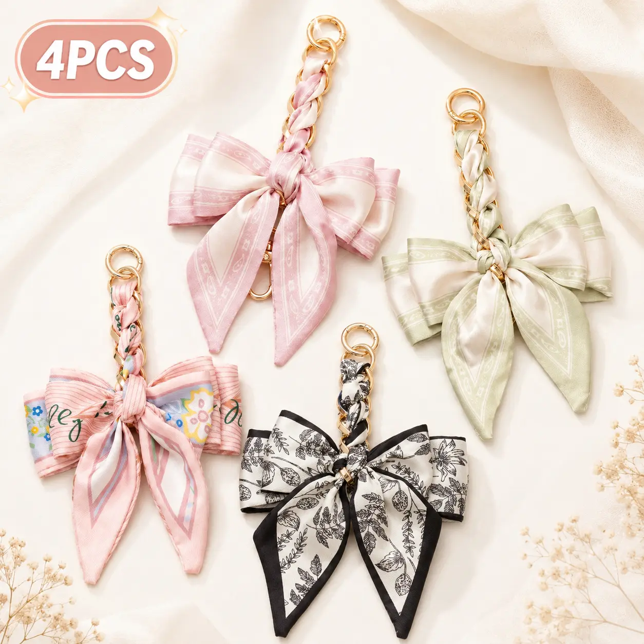 4 Pcs Elegant Floral Silk Bow Bagcharms Set, Cute Snap-Closure Purse Accessories with Gold Chain Accent, Silky Satin Handbag Clips Backpack Pendants, Trendy Summer Luggage Decor Fashion Keychains for Women