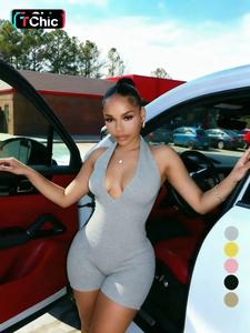 women's solid color hanging neck bodycon romper, casual fashion sleeveless ribbed romper for lady daily outdoor wear, women clothing for summer, overalls