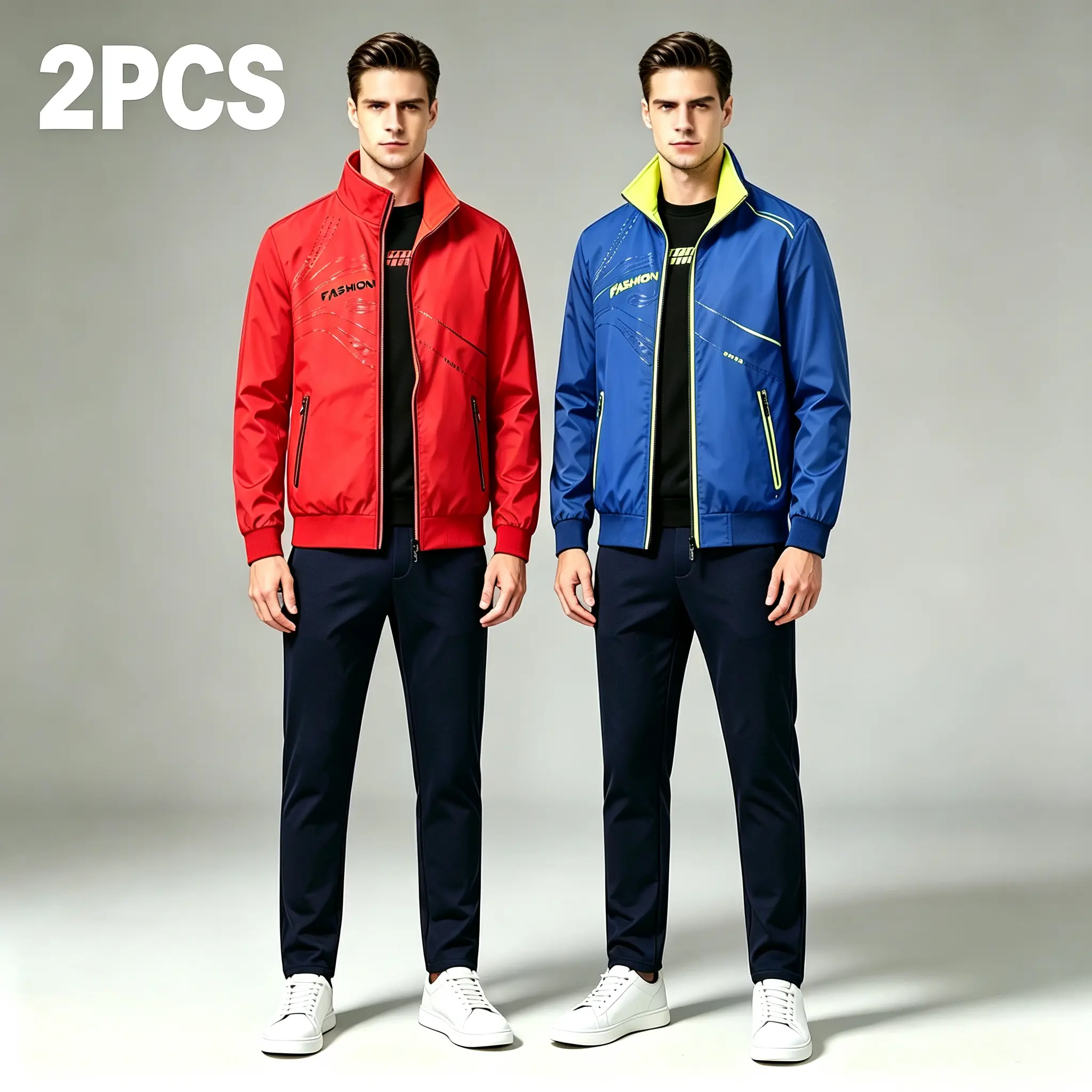 Men’s 2-Piece Reversible Aviator Jacket Set, Stand Collar Lightweight Windproof Outerwear with Zipper Closure, Zippered Pockets, Suitable for Everyday Wear