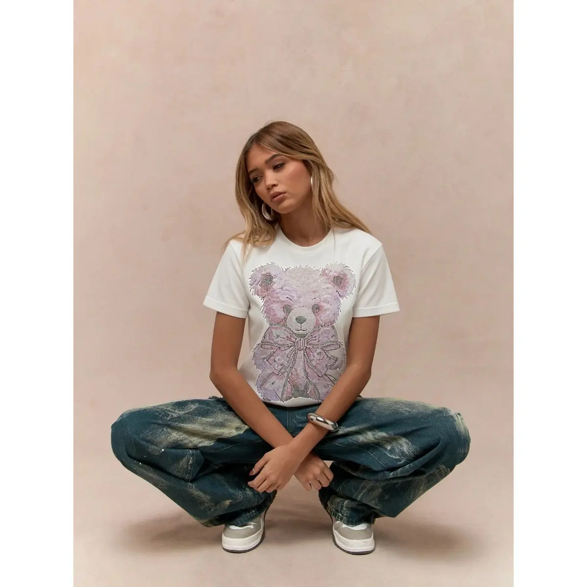 Greenish Pink Bear Bowknot Rhinestone Tee | Y2K Aesthetic Sparkly Teddy Bear White Top | Coquette Core Streetwear T-shirt | TCH Exclusive Heavy Craft Graphic Tee
