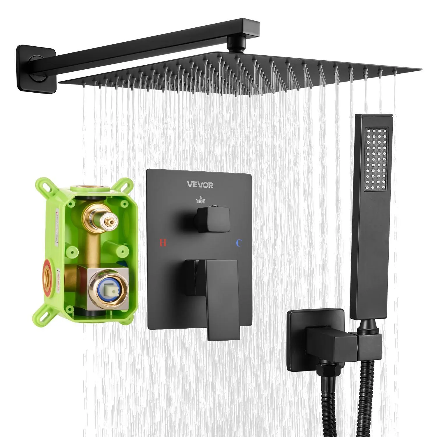 【SummerFinds】VEVOR Shower Faucet Set,  Rainfall Bathroom Shower System with 12-Inch Square Rain Shower Head and Handheld Spray, Wall Mounted Bath Fixtures with Brass Valve and Trim Kit, Matte Black