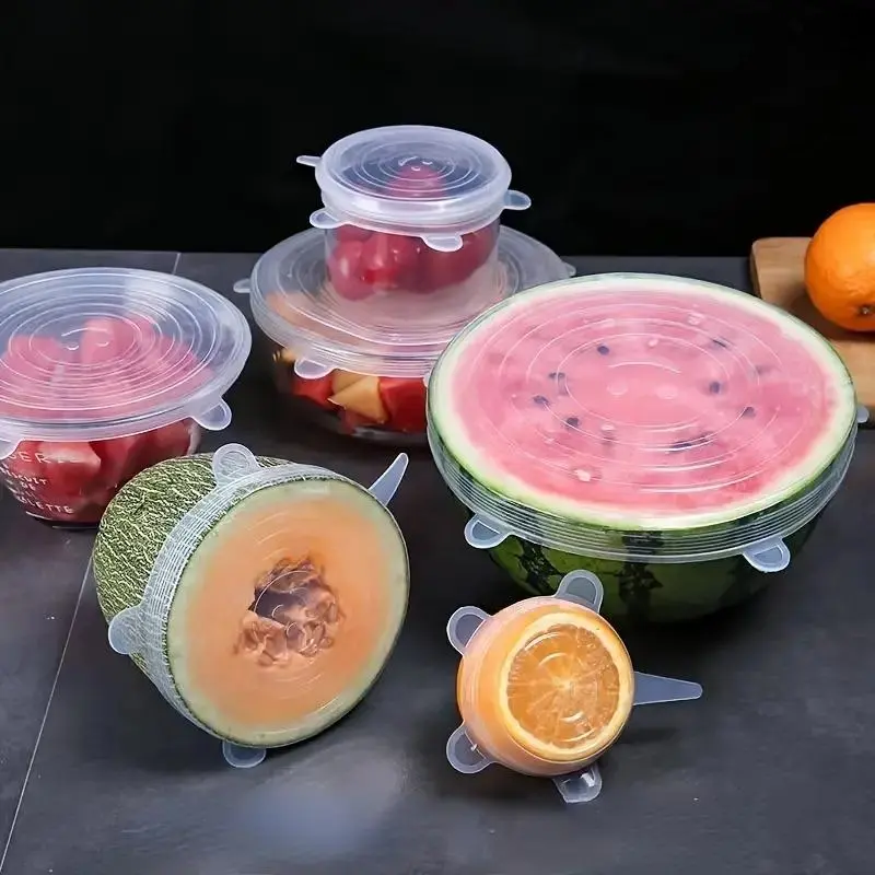 Silicone Reusable Easy Cleaning Stretch Lid, 6pcs/set Fresh-keeping Airtight Leak Proof Food & Bowl Clear Cover for Kitchen Refrigerator, Airtight Lids, Airtight Leakproof Lids, Meal Prep Containers