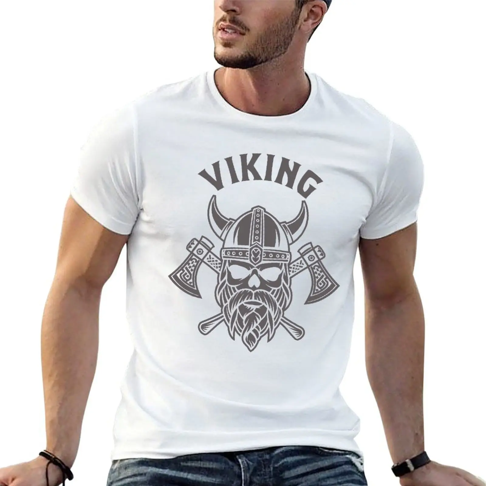 Men's Retro Norse Warrior T-Shirt, Viking Skull & Crossed Axes Graphic, Fitted Short Sleeve Crew Neck Casual Top, Shortsleeve, Menswear, Tshirt