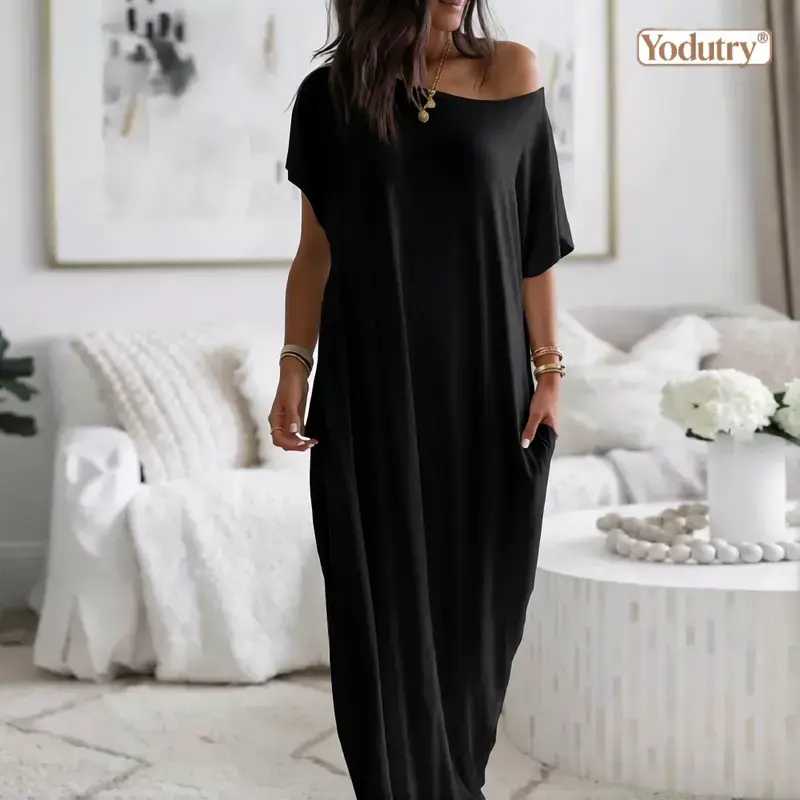 Yodutry Women's Casual Off Shoulder Short Sleeve Long Dress, Solid Color Straight Fit Lightweight Summer Wear, Skirt, Casual Wear, Lady, Basic, Clothes For Women, Style, Fashion Apparel, Women's Fashion
