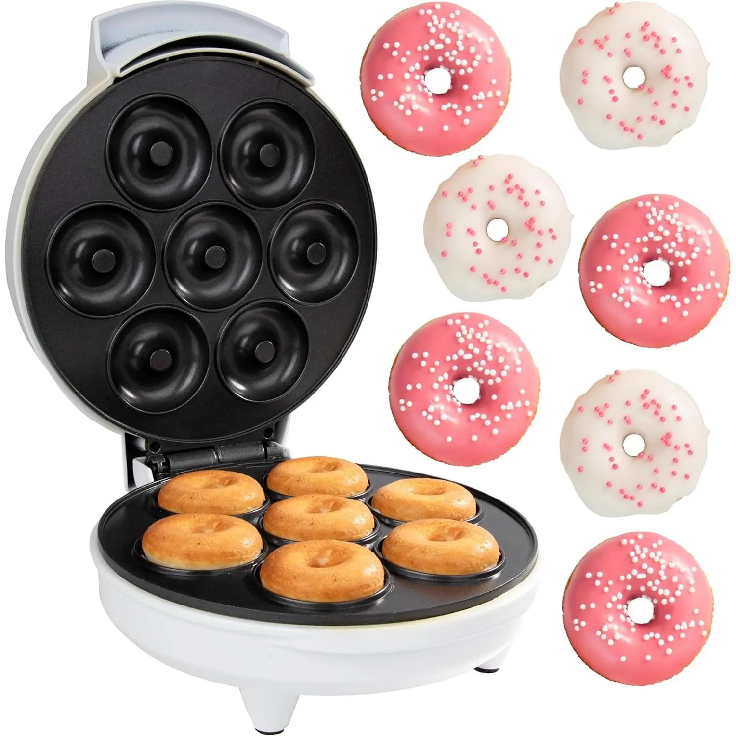 Mini Donut Maker- Electric Non-Stick Surface Makes 7 Small Doughnuts- Decorate, Frost, Ice Your Own for Kid Friendly Baked Dessert Treat - Cooking Activity for Adults with Recipe Guide, Easy Bake Gift