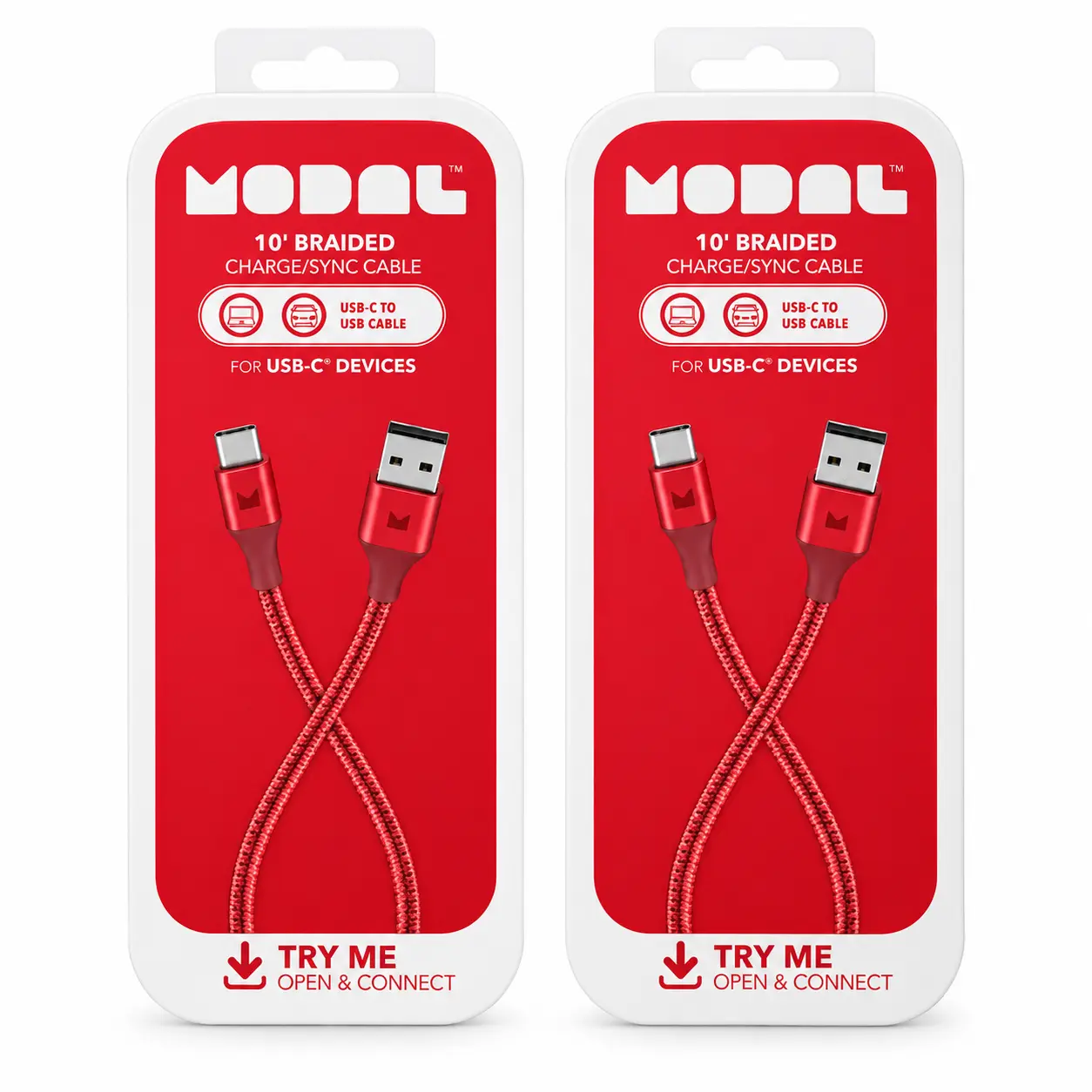 Pack of 2 — 10’ Braided USB-C to USB-A Charge & Sync Cable – Red