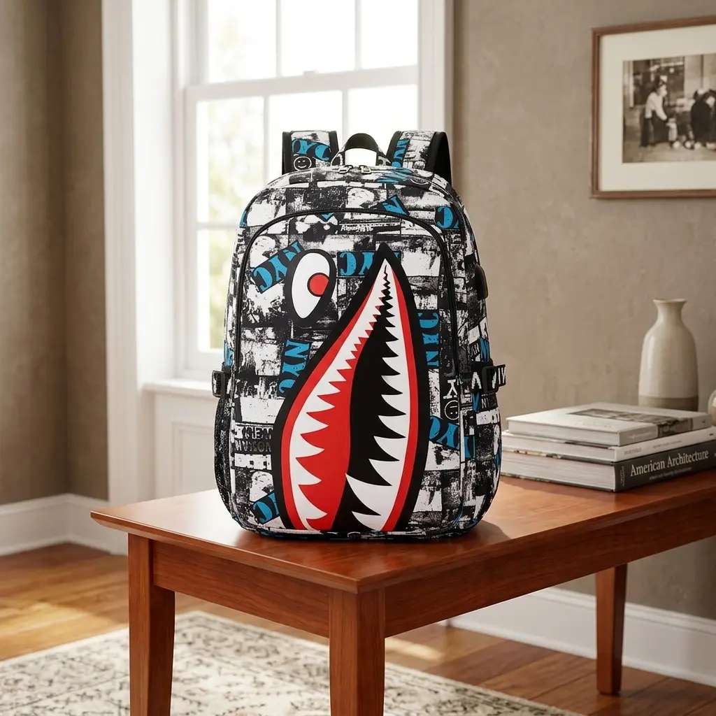 Leisure men's backpack Trendy backpacks cool large capacity bags travel rucksack fashionable checkered shark bag