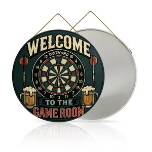 2D Flat, Vintage Dartboard-Shaped Metal Wall Sign "Welcome to the Game Room" - Dart & Beer Mug Art, Retro Darts-Themed Numbered 18 for Beer Mug Scoring - Game Room Decor for Cave, Bars, Offices - Ideal Holiday Gift Suitable for Home, Office, Bedroom
