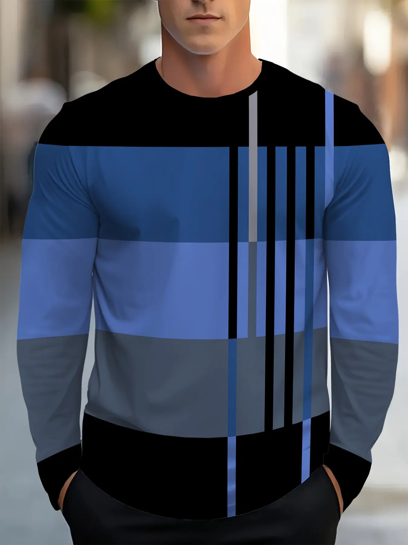 Men's striped geometric printed long-sleeved crew neck pullover, casual, Fitted, stylish, comfortable, and sporty Outdoor long-sleeved everyday wear Tops for summer.