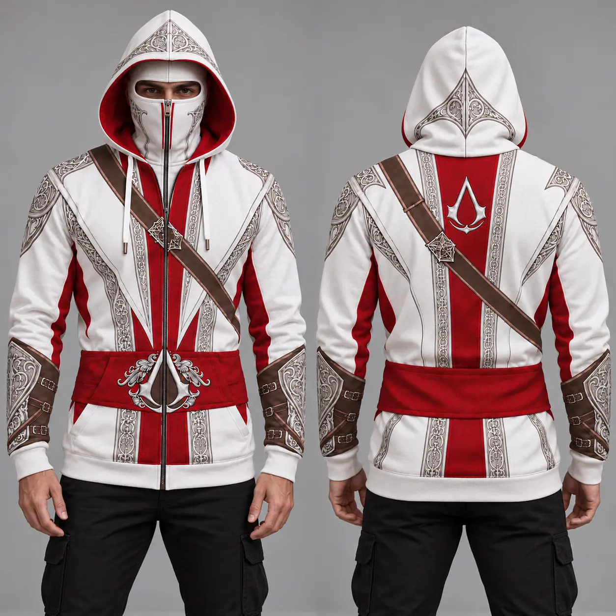 Ass@ssin’s Creed Ezio Inspired Men’s Zip-Up Hoodie with Face Cover, White & Red All-Over Print Hooded Jacket