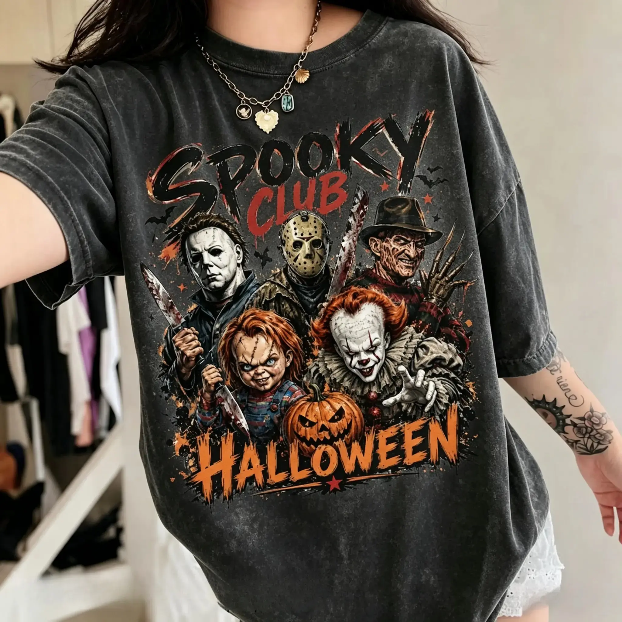 Horror Halloween Movie Characters Washed T-Shirt,Spooky Club Halloween Tee, Retro Halloween Graphic Shirt, Funny Horror Characters Shirt, Horror Halloween Lover Gift