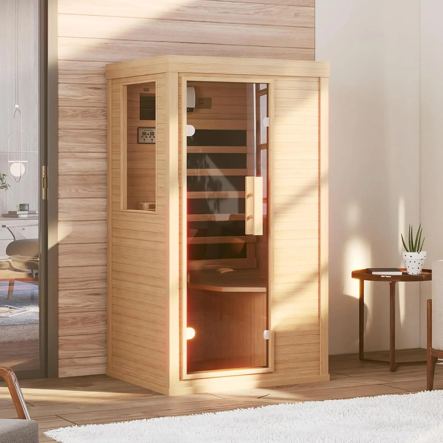 Aoxun 1-Person Canadian Hemlock Wooden Far Infrared Dry Heat Sauna - 850W 120V Indoor Home Wellness Spa, Bluetooth Speakers, Control Panel, Half Glass Design, Assembly Required for Relaxation