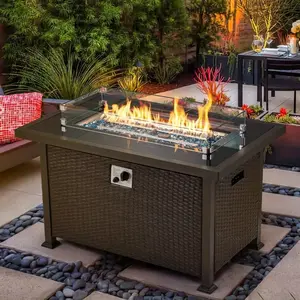 44-Inch Outdoor Propane Gas Fire Pit Table - Brown PE Rattan Frame, 50, 000 BTU Auto-Ignition, Black Tempered Glass Top & Blue Glass Rock with Wind Guard