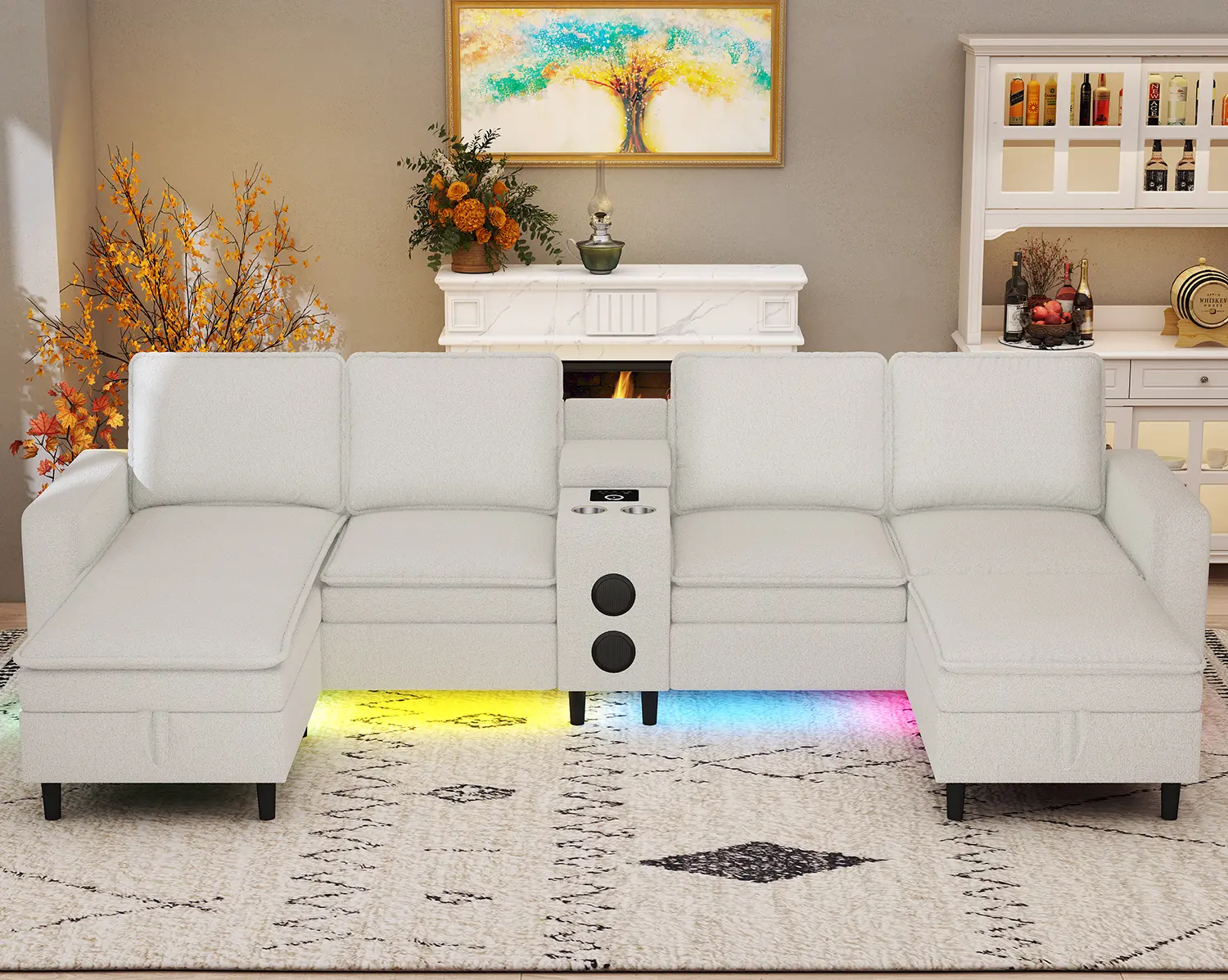 【Homemakeover】120 in Oversize Deep Seat Teddy Fabric 6-Seater U-Shaped Modular Sectional Sofa with Adjustable Arms, Multi-Functional Tea Console, Built-In Audio Speaker, Color-Changing LED Light, Wireless Charger, 3-Package Shipping for Modern Living Room
