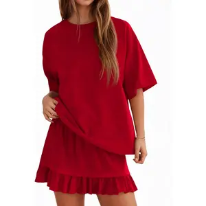 Yousify Women's 2 Piece Skirt Set Summer Vacation Outfits Short Sleeve Crewneck Top & Casual Mini Skirt for Easy Styling Loungewear Womenswear