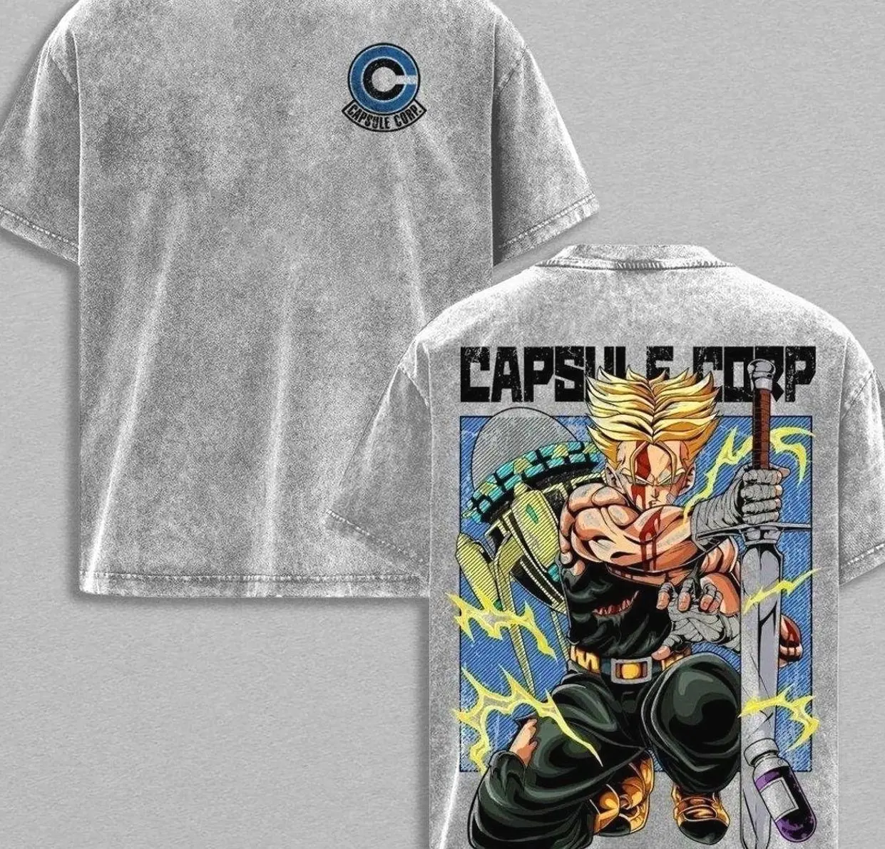 Future Trunks Golden Saiyan Warrior Capsule Corp DBZ Vintage Washed Anime Shirt Sword Warrior Graphic Oversized Tee KPF PYL K2N P7N