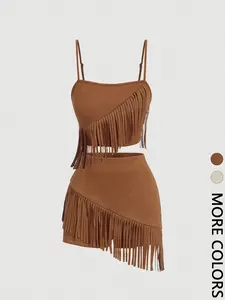 Adjustable Strap Fringe Outfit - Western Baddie Spaghetti Strap Cami & Skirt Matching Set