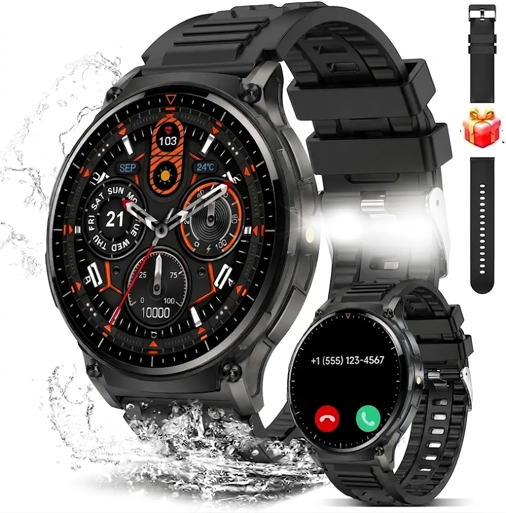 Men's Outdoor Smart Sports Watch: Bright LED Flashlight + Wireless Calling + Music Control + Ultra-Long Battery + IP67 Waterproof + NFC + Pedometer/Fitness | Round Dial, Compatible with iPhone & Android – Surprise Gift for Boyfriend Smartphone