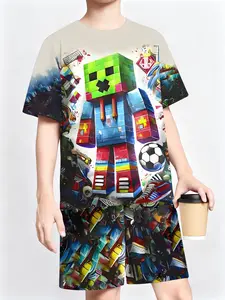 Minecraft Kawaii Printed Kids Set, Summer Short Sleeve Shorts Two-Piece, Boys Game Peripheral Sports Clothing, Casual Slim-Fitting