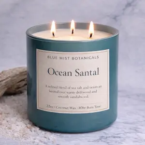 Blue Mist Botanicals Ocean Santal 22oz Coconut Wax Candle with Sea Salt & Ocean Air Aroma 80hr Burn Time