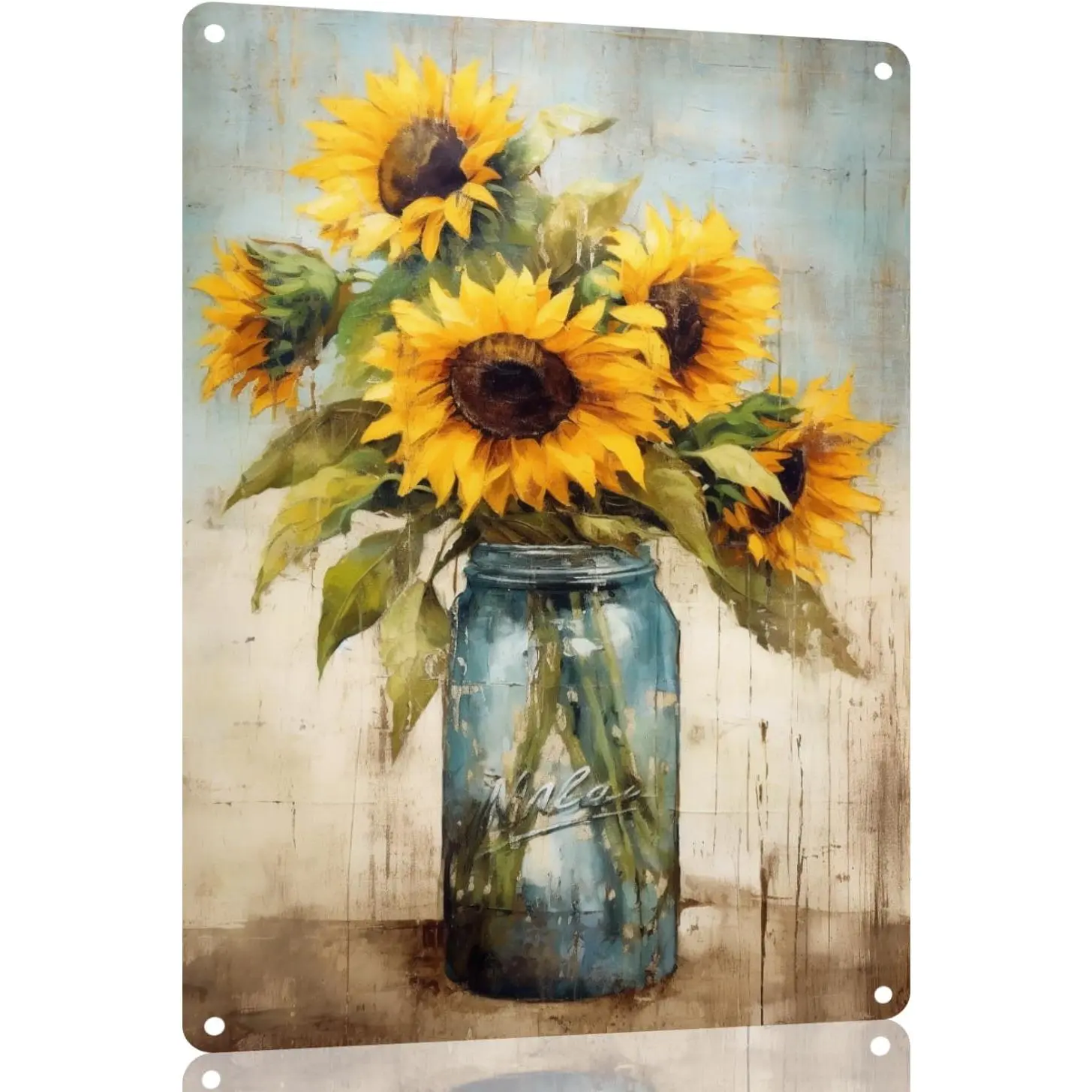 Steel Metal Tin Sign - Sturdy Eco-Friendly Recyclable, Retro Vintage Sunflower Floral Bouquet Jar Design Farmhouse Wall Decor, Screw-Mounted Kitchen/Bar Plaque with Bright Print, 8x12 in/12x16 in Home Supplies Gift (Includes Screws)