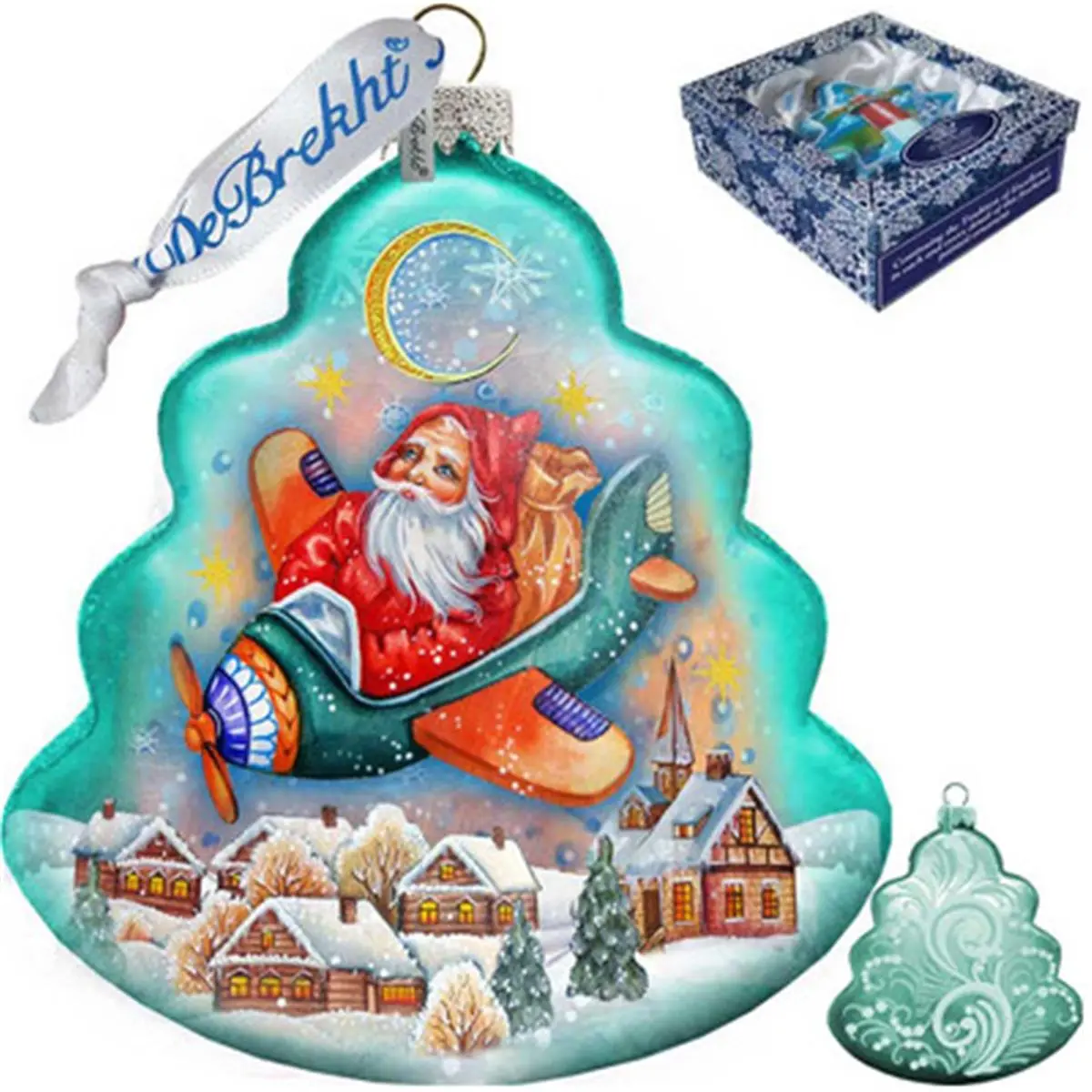 GDeBrekht 762-017 Hand-Painted Satin Christmas Aviator Glass Ornament - Old World Russian Fedoskino Artistic Technique, 3.5x3x5.5in Tree Decor, Miniature Scene Festive Holiday Gift with Box, Home Festive Decoration