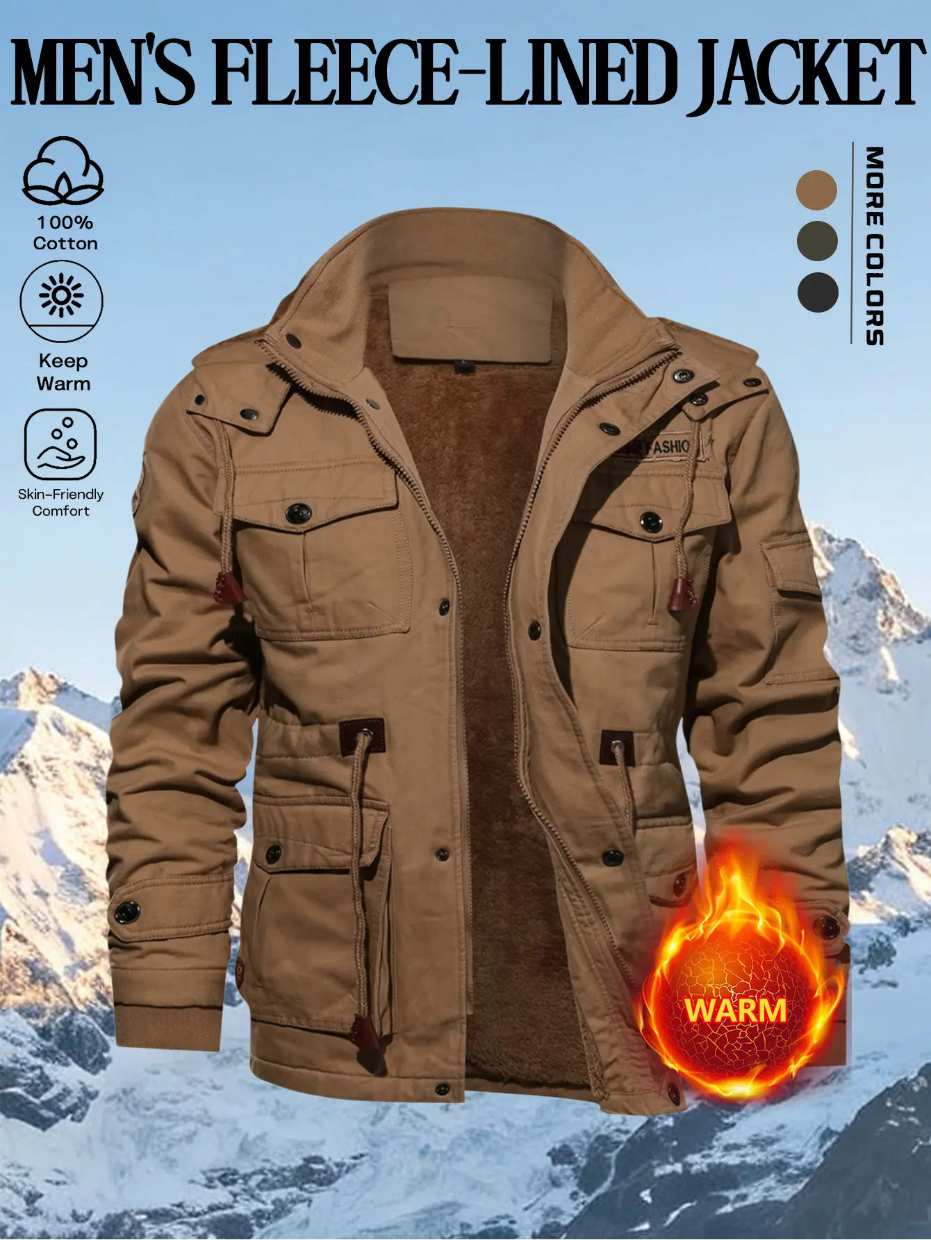 Men’s detachable-hood fleece workwear jacket, pure cotton, multi-pocket winter warm casual outerwear