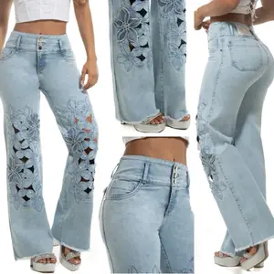 W80-834 Colombian Rhinestone Stretch Jeans with Floral Cutouts and High Waist Design for Women