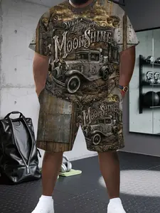 2-Piece Set Men's Moonshine Vintage Car Print Streetwear, Loose-Fit Long T-Shirt & Short Shorts, Casual Summer Menswear