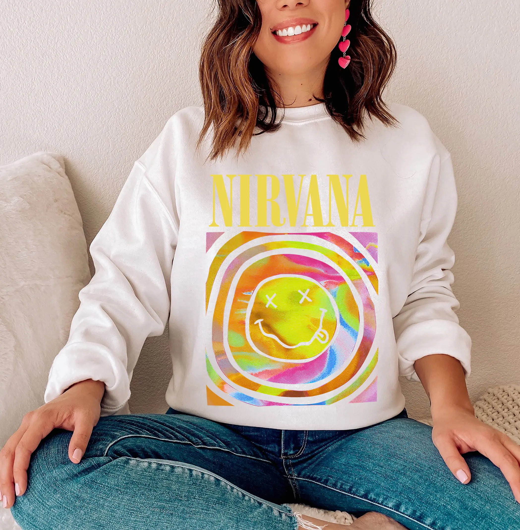 Nirvana Smiley Face Crewneck Sweatshirt, Heliconia Color Nirvana Aesthetic Sweatshirt, Nirvana Sweater