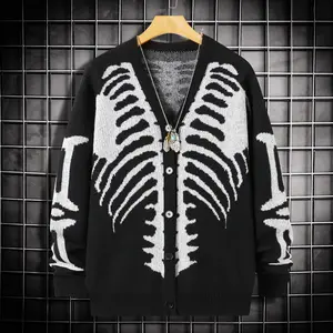 #SummerVibes Unisex Trendy Skeleton Print Button Front Cardigan Soft Comfortable Drop Shoulder Long Sleeve V Neck Regular Fit Fall & Winter Halloween Festive Daily Wear Outdoor Knitwear Tops Womenswear Vneck Black And White FallFreshness