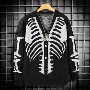 Men's Skeleton Print Button-Front Knitwear Top - Long Sleeve V-Neck, Loose Drop-Shoulder Regular Fit, Soft Menswear Pullover, Spooky Men's Cardigan, Multi-Size, Casual Halloween Fall Wear