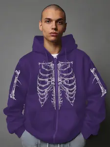 Men's Skeleton Print Zip Up Hoodie, Street Fashion Casual Regular Fit Hooded Sweatshirt for Daily Holiday Outdoor Wear, Men Clothes for Spring & Fall, Tops