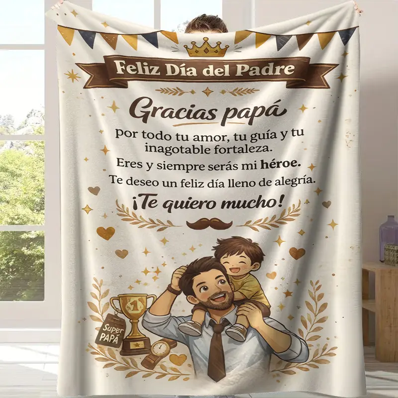 Spanish-Themed Casual Soft Throw Blanket - Cream Background, Cute Piggyback Print, Cozy Fabric, Heartfelt Father’s Day Letter, Gold Trophy, Vintage Crown Details, Heartwarming Gift for Latino Papá, Casual Soft Blanket, Heartwarming Blanket Gift