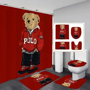 Teddy Bear Print Shower Curtain Set, Modern Decorative Bathroom Decor, No-Drill Hooks Included, Multifunctional Bath Divider, Gift for Friends & Family