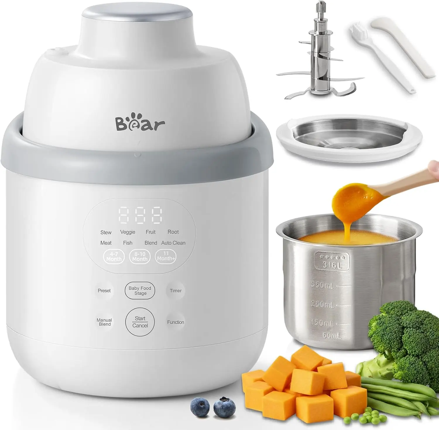 Bear NutriEase AllStage Stainless Steel Baby Food Maker Steamer and Blender, Truly OneStep Baby Food Processor Puree Maker Grinder Mills, Auto Cooking&Grinding for Healthy Homemade Baby Food