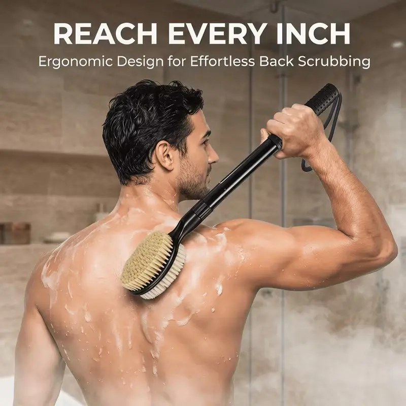 Back Scrub Brush with Soft and Hard Dual Bristles, 17 to 25-inch Long Handle Double-Sided Bath Brush for Deep Body Cleaning, High-Quality Double-Sided Dry Body Brush, Natural Bristle Exfoliating Long Handle Brush, Spa-Grade Bath Brush, Unisex