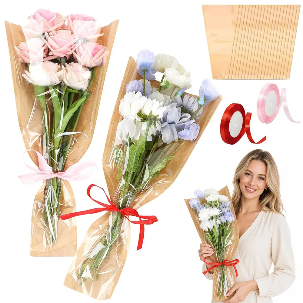 Pack of 50 Flower Wrapping Bags & 2Pcs Ribbons Kit, 9.45x17.72x3.54 Inches Kraft Paper Flower Sleeves for Bouquets Flower Bags for Birthday Wedding Graduation Gift, Florist Wrap Supplies